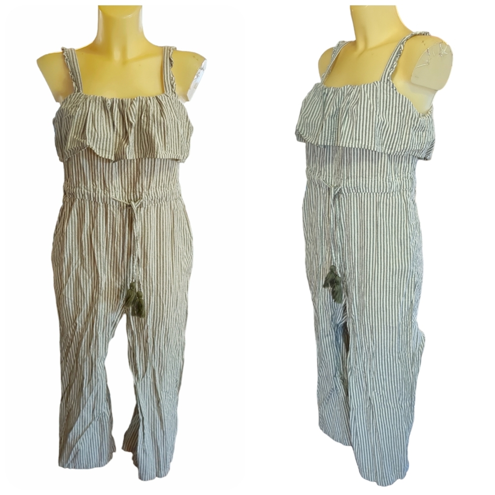 ZARA BASIC Grey and White Striped Sleeveless Jumpsuit Waist Tassel Tie - Picture 1 of 4